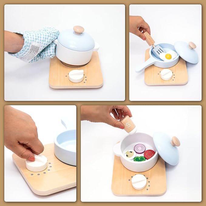 UMU® Wooden Kids Cooking Set – 18-Piece Pretend Play Kitchen Toy with Pots, Pans, Play Food, Utensils, Apron & Chef Hat – Montessori Role Play Set for Toddlers and Children Age 3 4 5 Years