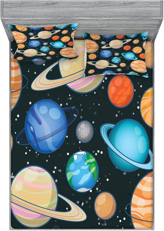 Ambesonne Galaxy Fitted Sheet & Pillow Sham Set, Galaxy Space Art Solar System Planets Mars Mercury Uranus Jupiter Venus Kids Print, Decorative Printed 3 Piece Bedding Decor Set, King, Salmon