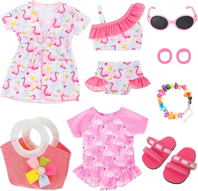 UNICORN ELEMENT 10 Pcs 18 Inch Doll Clothes and Accessories, American 18 Inch Girl Dolls Swimsuits Beach Themed Playsets for 18” Dolls Including Doll Swimsiut, Bag, Sunglasses, Shoes, Necklaces