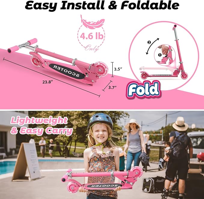 Scooters for Kids 3-5, Kick Scooter Foldable, 2 Wheel Scooter with Fun Light Up Wheels, 24-28 Adjustable Handlebar, Heavy Duty Steel Frame, Outdoor Smooth Riding, Max 90 lb, Girl Birthday Gift