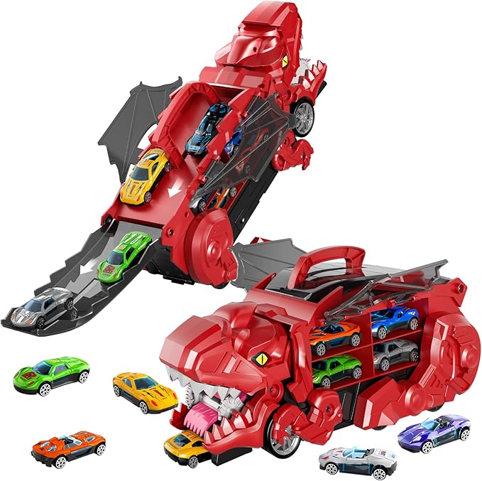 iHaHa Toddler Truck Toys for 3 4 5 6 Years Old Boys, Toys Cars Track Set Dinosaur Transporter Truck with 10 Die-Cast Car Toys, Transforms into Dino, Toddler Car Toys Set for Kids Boys Girls