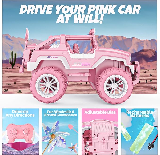 BEZGAR Remote Control Car for Girls - 1:16 Pink RC Cars with 2 Dolls & 4 Windmills, 2.4GHz with LED Lights, 80 Mins Play with Rechargeable Battery, Monster Truck Jeep Toys Birthday Gifts for Kids