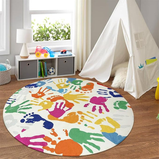 STARUIA Colorful Round Rug for Kids Bedroom, 4'x4' Handprints and Footprints Circle Rug for Playroom, Rainbow Washable Rug for Nursery, Small Circular Carpet for Classroom Dorm Daycare