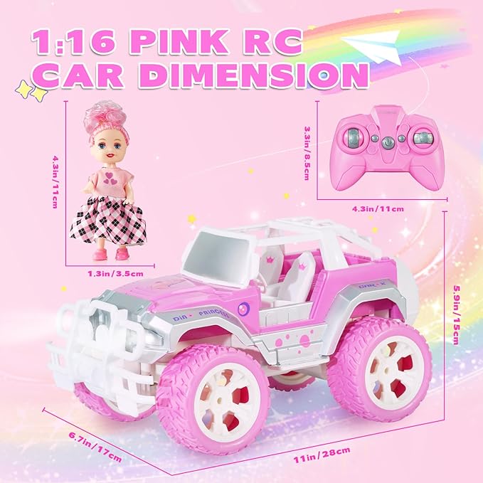 Pink Cars 1:16 Scale RC Jeep with Doll - Remote Control Car for Girls | 80-Minute Playtime | 2.4GHz All-Terrain Truck for 4-5 6-7 8-10 Years Old,ox14