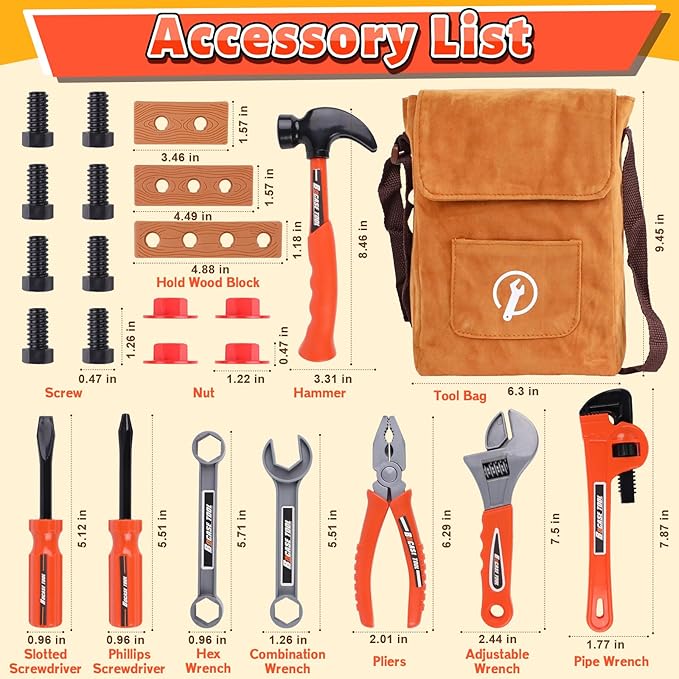 MAGIC4U 26PCS Toddler Tool Set with Tool Bag, Pretend Play Construction Kits for Kids Age 3-6 Years Old