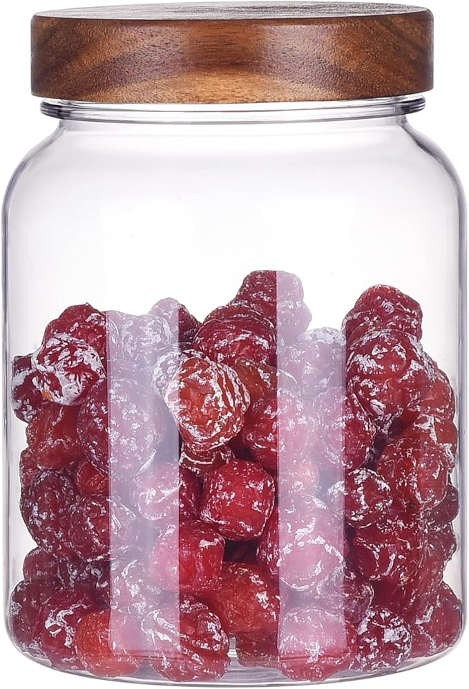 42 Fluid Ounces Unbreakable & Dishwasher Safe Plastic Apothecary Jar with Wooden Airtight Screw Top Lid, Food Storage Canister for Sugar, Tea, Spices, Coffee, Cookie, Candy Containers