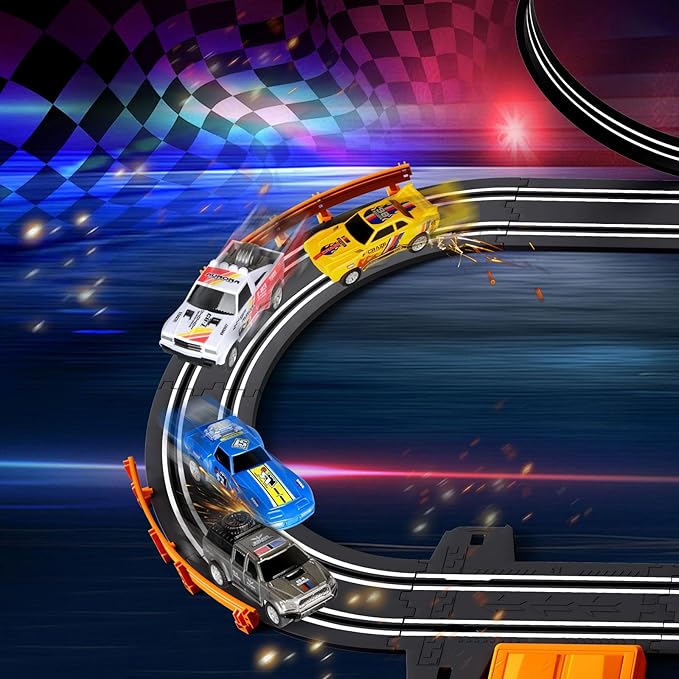 Slot Car Race Track for Kids with 4 Slot Cars, Dual Racing Electric Car Tracks Game Featuring Flash Bridge and Pendulum Toys Gifts for Boys Girls Age 6 7 8 Years Old