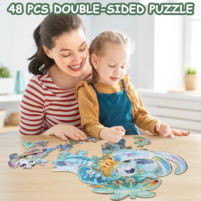 HAS Happiness and Surprise Floor Puzzles for Kids Ages 3-8, 48 PCS Double Sided Mammoth Elephant Shape Puzzle, Children Jigsaw Puzzles for Boys Girls Gifts