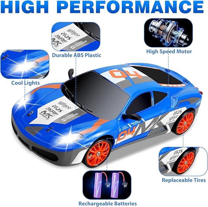 Remote Control Car RC Drift Car 2.4GHz 1:24 Scale 4WD 15KM/H High Speed, Rechargeable High Speed RC Cars with Cool Lights, Two Batteries and Extra Tires Toys for Kids