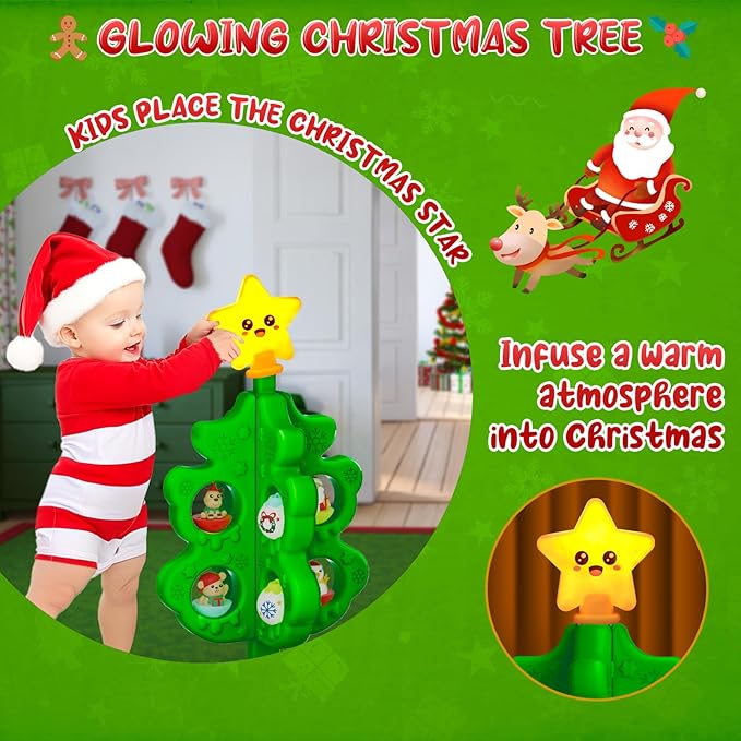 My First Christmas Tree for Kids, Light Up Star Musical Toy Toddler Christmas Tree Decoration Toy Set with Colorful Ornaments DIY Train&Track, Roly Poly Toys, Finger Puppets Xmas Gifts for Boys Girl