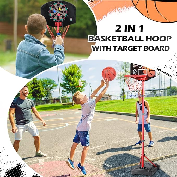 MXF Kids Basketball Hoop Stand with Dart Board, Height Adjustable 2.6ft-6.2ft, Portable Mini Basketball Hoop Set with Balls & Darts, 2 in 1 Indoor Outdoor Toys for Kids Toddlers Ages 4-8
