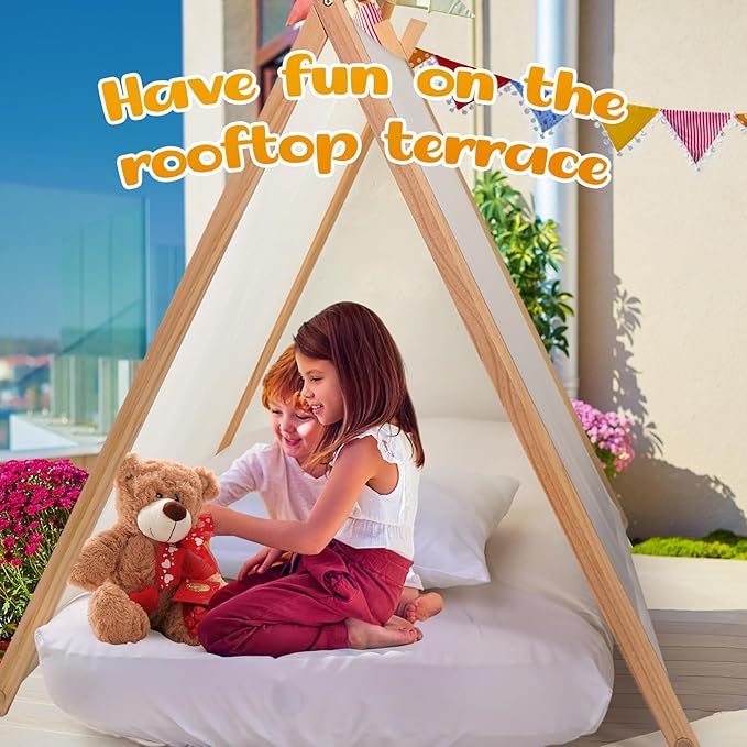 Teepee Tent for Kids with Inflatable Airbed, Fitted Sheet and Pillow Inserts Toddler Play Tent White Washable Foldable for Indoor Outdoor Boys Girls Slumber Party Sleepover Playhouse(4 Sets)