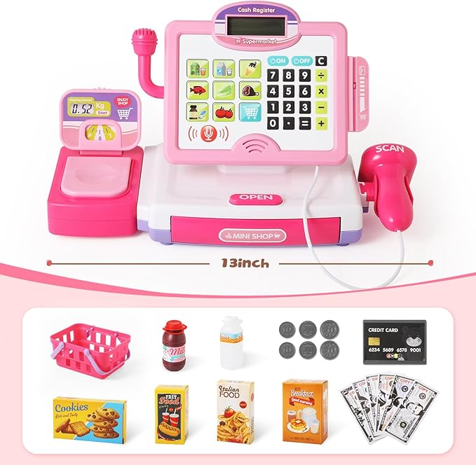 Play Calculator Cash Register Toy Gift for Kids Girls Age 3, 4, 5, 6, 7, 8+ Year Old, 57 Pcs Pink Pretend Grocery Store Playset, Incl Microphone, Credit Card, Scanner, Fake Food, Play Money for Kids