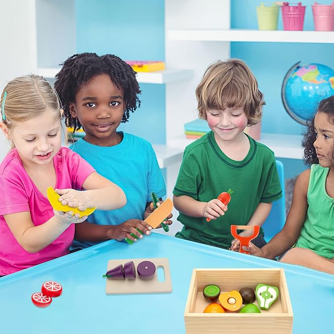 Wooden Play Food Sets for Kids Kitchen Fake Food Cutting Fruit and Vegetables Pretend Play Toddler Toys Food Montessori Toys for 3 4 5 6 7 Years Old Gifts for Boys and Girls