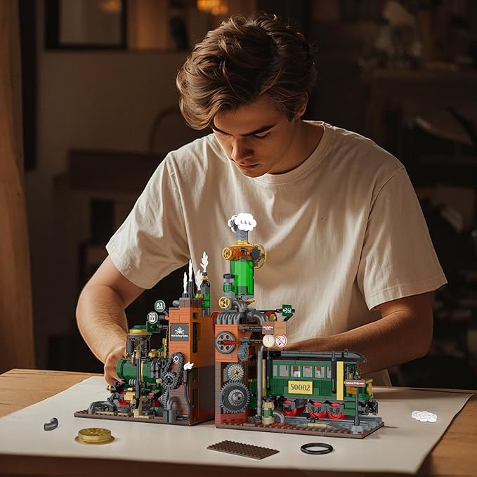 NUTCRACKER Retro Steam Train Building Set, 2 in 1 Medieval Train Station Building Model, Train Book Ends Bookshelf DIY Toy Building Set, Easter Birthday Gift for Adults Boys Girls (1379 Pieces)