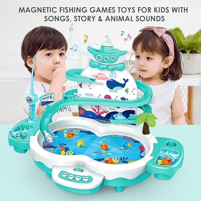 3in1 Fishing Game Toys for Kids with 34PCS Accessories Including Fishing Rod, Small Fish, Track, etc., STEM Toys with Music and Stories for Preschool Learning (Green)