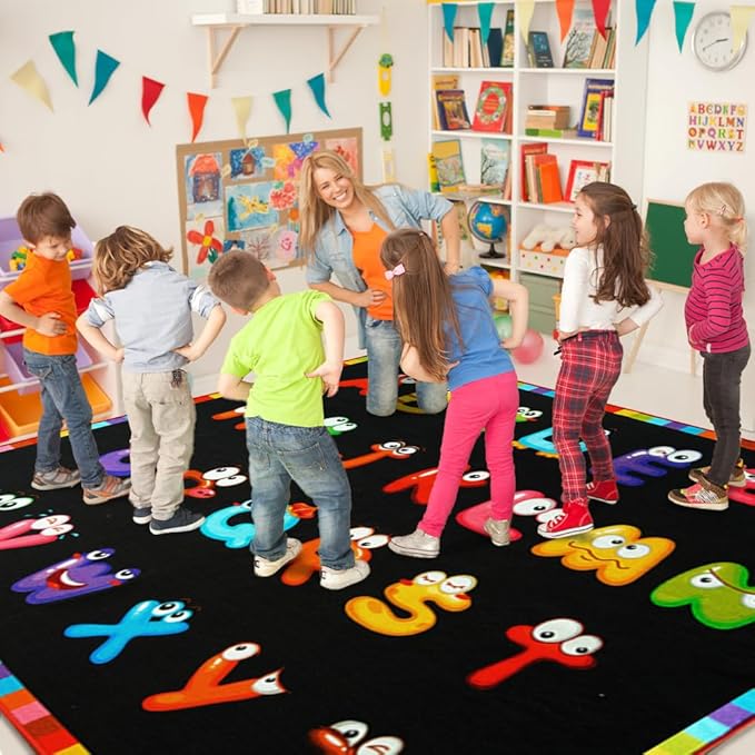 13'x7'7'' ABC Classroom Rug Black, Preschool Rugs for Classroom, Large Daycare Rugs for School, Carpets for Kids Classroom Rugs Elementary
