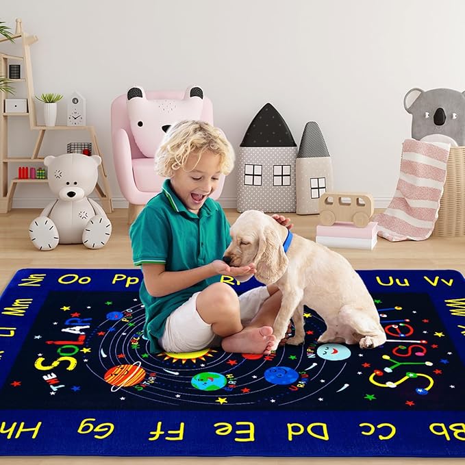 3x5 Outer Space Rug Kids Playroom Rug Solar System ABC Alphabet Educational Floor Mat Non Slip Backing Planet Carpet Ultra Soft Low Pile Area Rug for Bedroom Classroom Nursery Playroom Blue