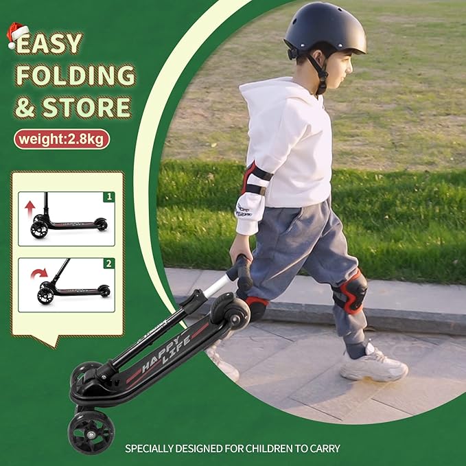 Besrey Kick Scooter for Kids Ages 3-10, 3-Wheel Folding Scooter with Adjustable Height, LED Light Wheels, Extra Wide Deck for Outdoor Activities