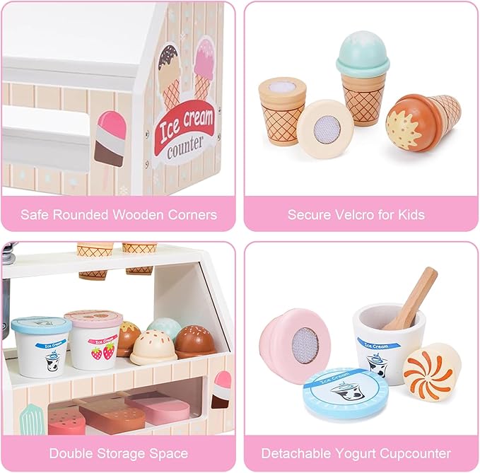 Wooden Ice Cream Toys for Kids Toddler,Ice Cream Counter Shop Pretend Play Toy Food Kitchen Accessories,Play Food Scoop and Serve, Play Kitchen Sets for Kids,Christmas Birthday Gift for Girls Boys