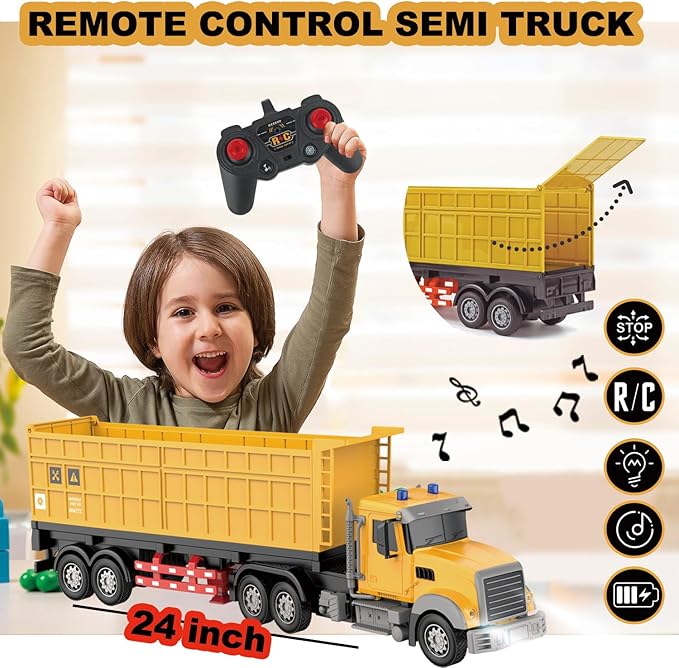 Remote Control Semi Truck with Trailer -24 Inch Semi Truck Toy for Kids,1:24 Container Truck with LED Lights & Music, Great Gift for Boys Girls