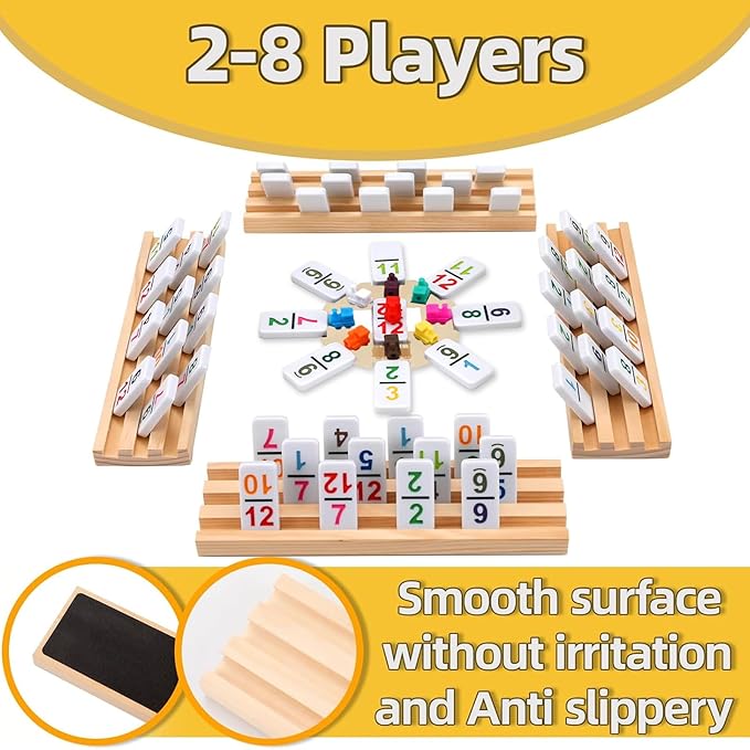 Double 12 Mexican Train Dominoes Set with 8 Wooden Racks & 91 Number Tiles Portable Travel Board Game for Kids and Adults Family Game Night