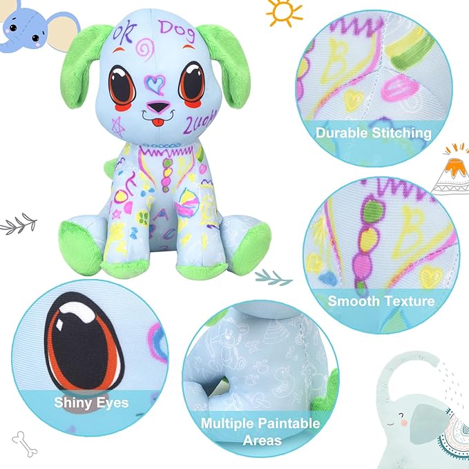 Coloring Plush Toy with 12 Washable Markers for Little Girls Doodle Dolls Arts and Crafts Soft DIY Washable Doodle Stuffed Animal Toy for Kids Ages 4-6 Birthday (Green Puppy)