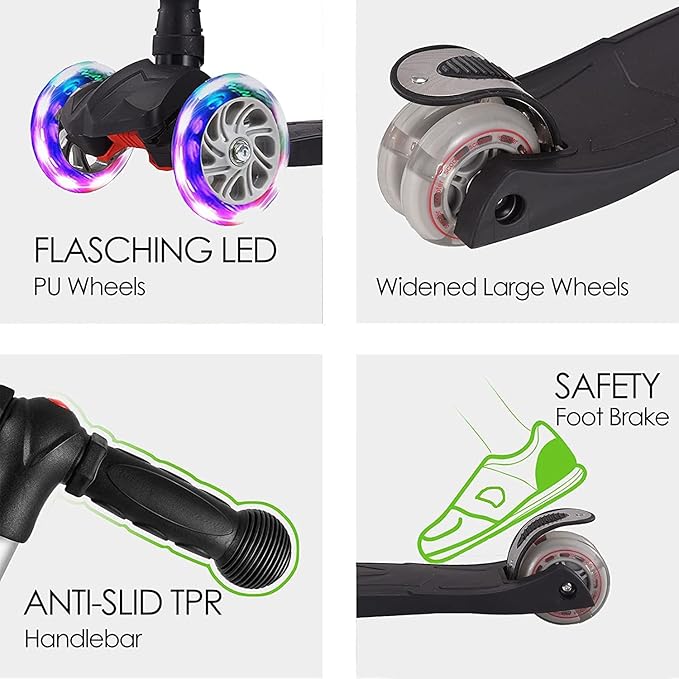 Kids Kick Scooter, 3 Wheeled Scooter for Kids, Child/Toddlers Toy, Adjustable Height, Anti-Slip Deck, Flashing Wheel Lights, for Boys/Girls 3-12 Year Old