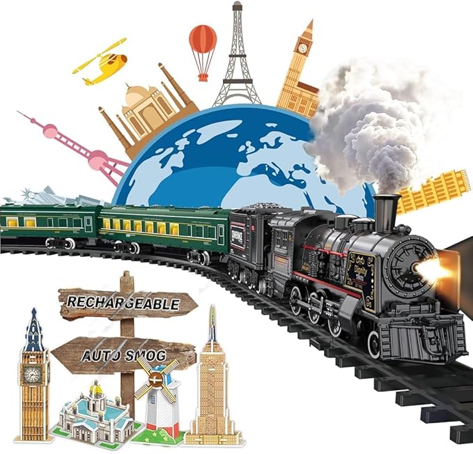Electric Train Sets for Boys Girls Metal Alloy Christmas Trains Toys Steam Locomotive, Passenger Carriages, Tracks, Light & Sounds Rechargeable Birthday Gifts for Kids 3 4 5 6 7 8 + Years Old Green …