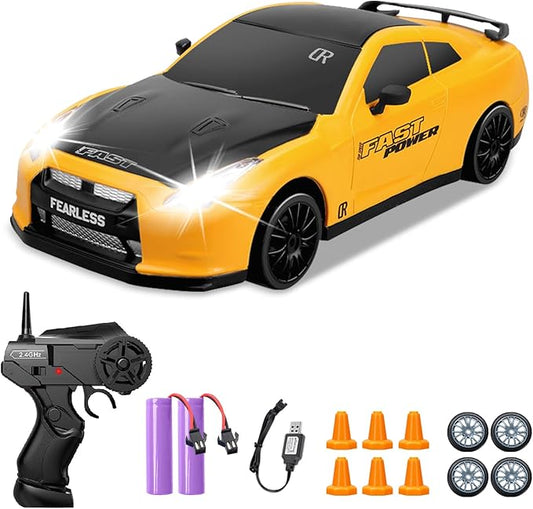 Remote Control Car 1/24 2.4GHz 4WD RC Drift Car, Rechargeable High Speed RC Cars with Cool Lights, Batteries and Extra Tires Toys for Kids