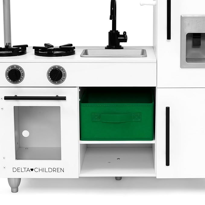 Delta Children Deluxe Modern Kitchen - Toy Kitchen Playset with Realistic Knobs That Turn/Click, Oven, Sink and Fridge/Freezer with Ice Maker, White