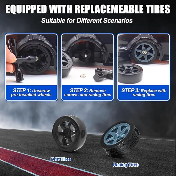 Dollox RC Drift Car 1/16 Scale Remote Control Car 2.4GHz 4WD High Speed 18+KM/H Vehicle with LED Lights and Spray, Extra Drifting Tires Racing Vehicle Toys Birthday Gifts for Adults Boys, 2 Batteries