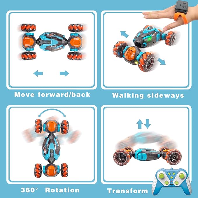 Remote Control Twist Car Gesture Sensing RC Stunt Cars 360°Rotation 4WD Toys Car for Kids Age 7-14 Year Old Transform Car with Lights Music for Boys Girls Birthday Xmas Gifts (Blue/Orange)