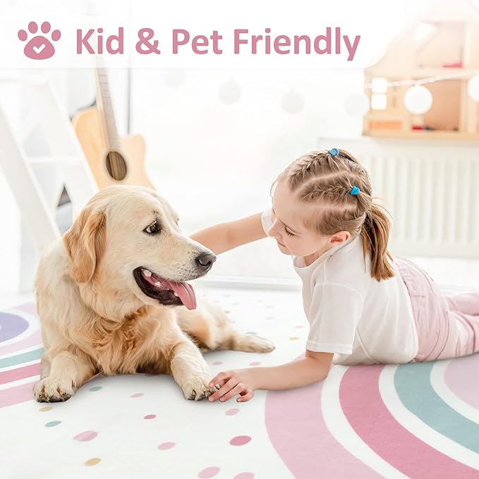 STARUIA 3x5 Rainbow Rug for Nursery Kids Room, Pink Carpet Soft Polka Dot Rug for Girl Bedroom, Non-Slip Small Washable Kids Area Rug for Playroom Princess Tent Castle