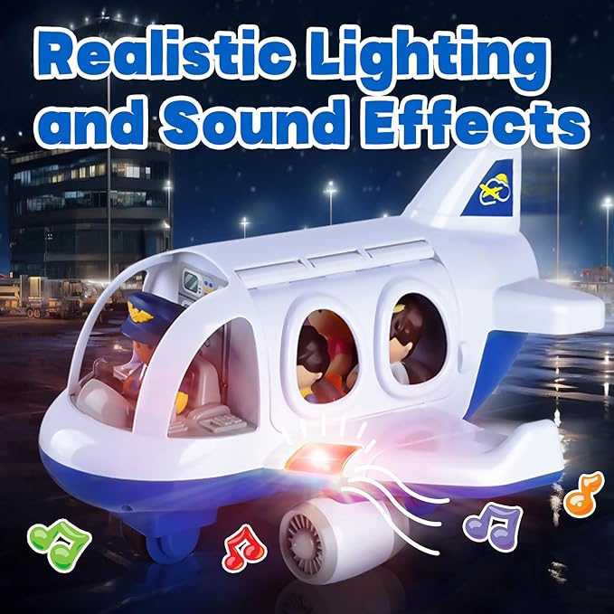 PLAY Airplane Toy for Kids - Toddler Airplane Toys Travel Plane Toys for Kids 2+ Years Old with Small Figures & Baggage Carrier, Musical Toy Airplane with Lights for Boys Girls Gifts Birthday (Blue)