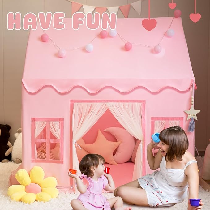 Large Kids Tent Playhouse Basic Mat with Star Lights, Flags and Tote Bags, Kids Play Tent Indoor & Outdoor, Washable Teepee Tent for Boys & Girls, Kids Play House for Toddler（Pink）