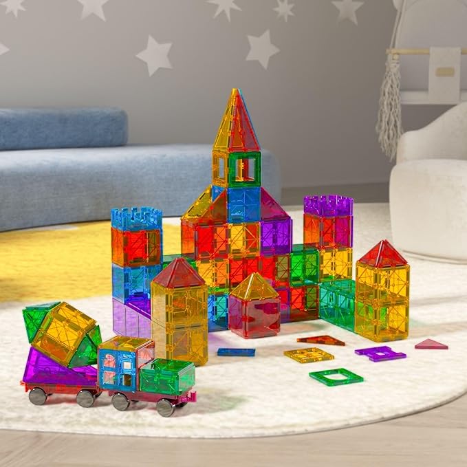 Bmag 100PCS Magnet Building Blocks with 2 Carsfor Kids, Magnetic Tiles Stacking Building Set for Boys Girls, STEM Preschool Educational Learning Construction Toy