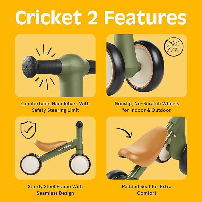 Retrospec Cricket 2 Baby Walker Balance Bike with 4 Wheels for Ages 12-24 Months - First Birthday Gift Toddler Bicycle Toy for 1 Year Old’s - Ride On Toys for Boys & Girls