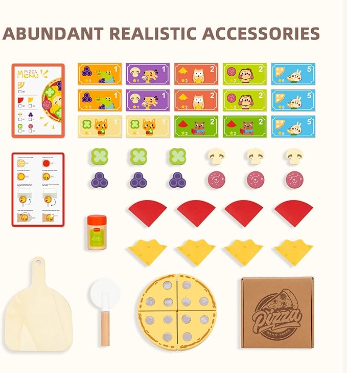 Wooden Pizza Toy Kids Pizza Counter Playset, Montessori Pretend Play Kitchen Accessories with Toy Food, Bake Oven, Role Play Set for 3 4 5 6 Year Old Boys Girls