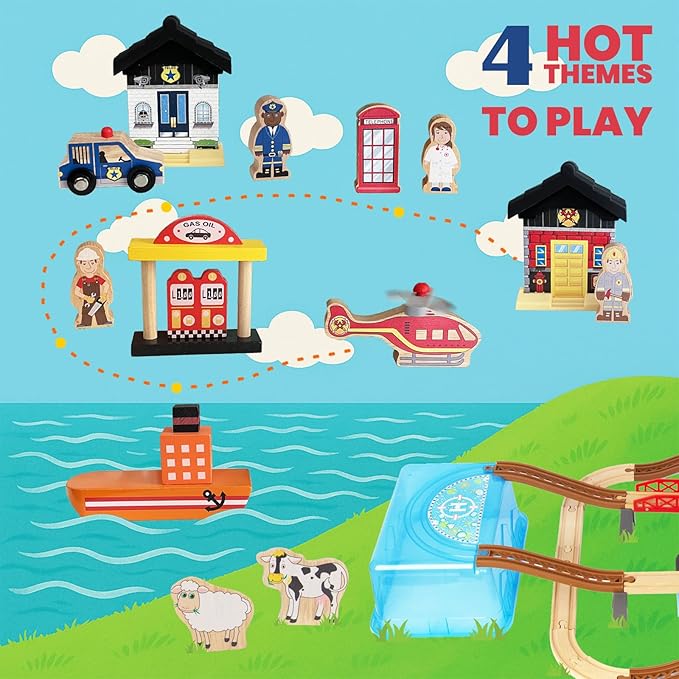 100Pcs Wooden Train Set for 3 Year Old Boys, Double-Side Train Set Tracks with Bridge Train Station & Storage Box, Fits Brio, Thomas, Melissa and Doug, Kids Gift Toys for Boy 3-7 (100pcs)