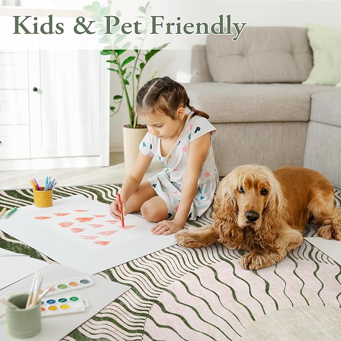 Boho Washable Rugs 5x7, Sun Print Soft Green Rug for Bedroom Ultra-Thin Nursery Rug Non Slip, Stain Resistant Living Room Rug for Dining Room Classroom(5'x 7',Green/Multi)
