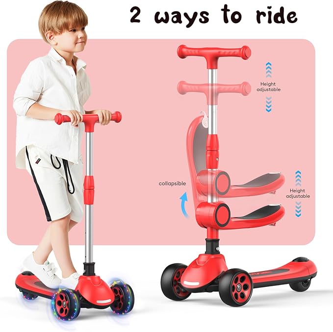 Kids Kick Scooter,Adjustable Height Handlebars and Removable Seat Scooters for Kids,3 Lighted Wheels Anti-Slip Deck Toddler Scooter for Boys & Girls Aged 3-12 up to 132 Lbs.