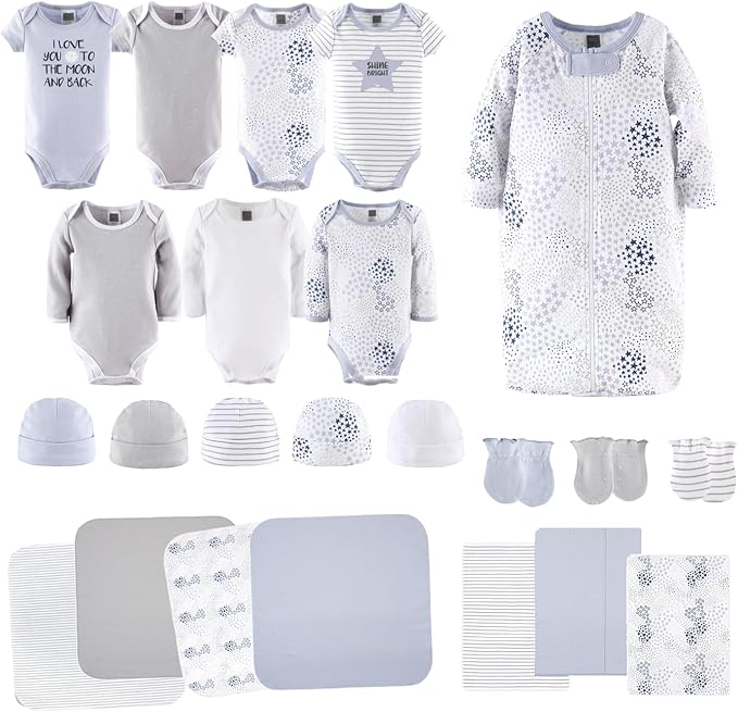 The Peanutshell Baby Layette Gift Set for Baby Boys or Girls - 23 Piece New Born Unisex Gift Set, Clothes & Newborn Essentials Must Haves - Clothes 0-3 Months - Blue & Grey