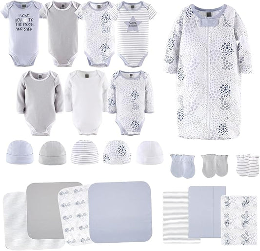 The Peanutshell Baby Layette Gift Set for Baby Boys or Girls - 23 Piece New Born Unisex Gift Set, Clothes & Newborn Essentials Must Haves - Clothes 0-3 Months - Blue & Grey