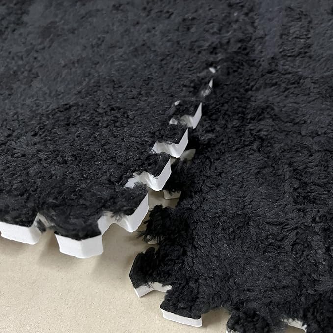 Interlocking Carpet Shaggy Soft EVA Foam Mats Fluffy Area Rugs Protective Floor Tiles Exercise Play Mat for Children Kids Room Home Parlor Bedroom (12 pcs, Black)