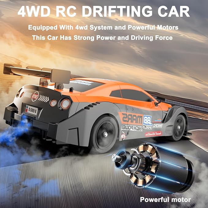 Remote Control Car RC Drift Car 1/16 Scale 4WD with LED Lights 2.4ghz 18km/H Rechargeable High Speed Drift Racing Sport Toy for Adults Boys Girls Kids Gift 2pcs Batteries and Extra Tires
