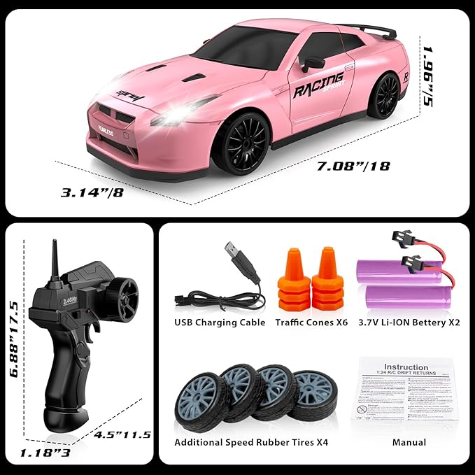 Remote Control Car RC Drift Car 2.4GHz 1:24 Scale 4WD 15KM/H High Speed Model Vehicle with LED Lights Drifting Tire Racing Sport Toy Car for Adults Boys Girls Kids Gift 2Pcs Rechargeable Batteries