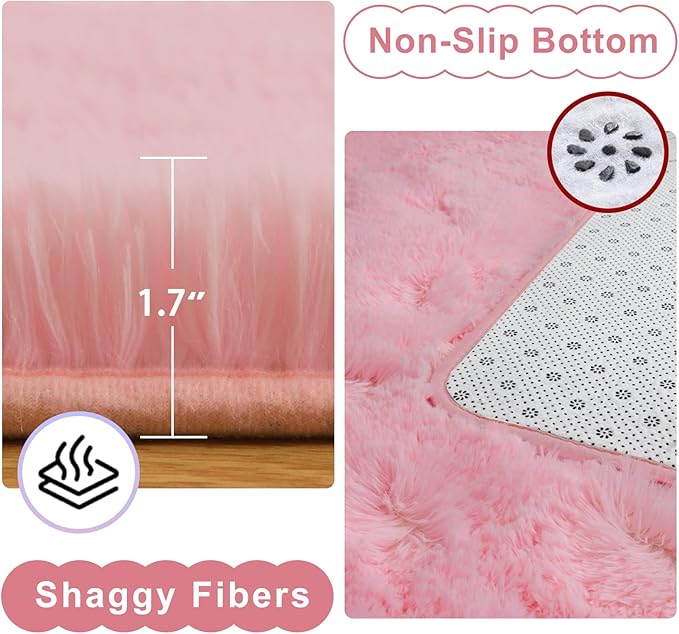 Ompaa Fluffy Runner Rugs, 2x6 Feet Pink, Super Soft Shaggy Carpet Fuzzy Long Fur Rug for Bedroom Living Room Dorm, Plush Kids Playroom Baby Girls Nursery Decor Mats