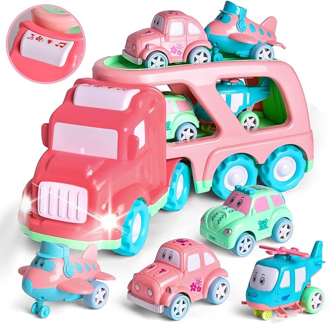 Fun Little Toys Truck Toys for Kids 2-4, Kids Toys Girls Age 2 3 4 5, Toddler Princess Girl Toys Carrier Truck with Cars and Planes, Toddler Birthday Gifts with Music & Lights for 2 3 4 5 Year Girls