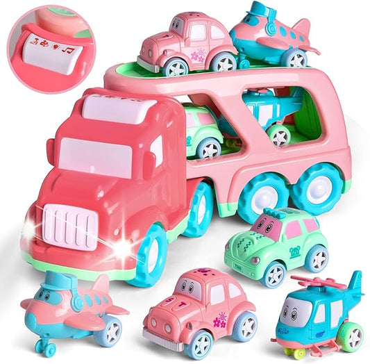 Fun Little Toys Truck Toys for Kids 2-4, Kids Toys Girls Age 2 3 4 5, Toddler Princess Girl Toys Carrier Truck with Cars and Planes, Toddler Birthday Gifts with Music & Lights for 2 3 4 5 Year Girls